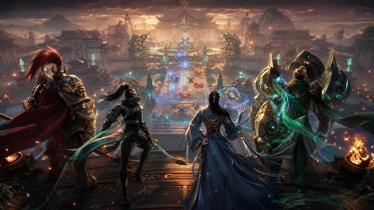 Honor of Kings heroes above a battle arena key art